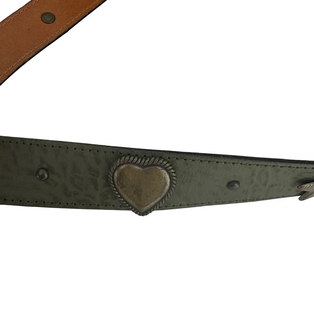 VTG Olive‎ Green Leather Western Belt Heart Star Conchos Brass Buckle USA S/M